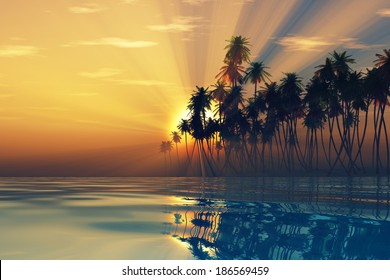 sun rays inside coconut palms island on tranquil tropic sea