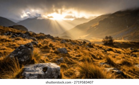 Sun rays shine through clouds over a landscape with mountains, grass, and rocks.