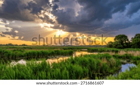 Sun rays shine through storm clouds over a green grassy wetland landscape.