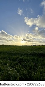 Sun rays shining through clouds over a wide, grassy landscape under a blue sky.