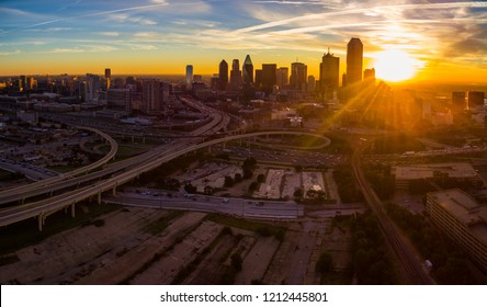 Sun Rays , Star Burst , Lens Flare , Over Dallas , Texas - Sunset Sunrise Aerial Drone View In The North Texas City Skyline Cityscape Golden Hour Perfect Morning