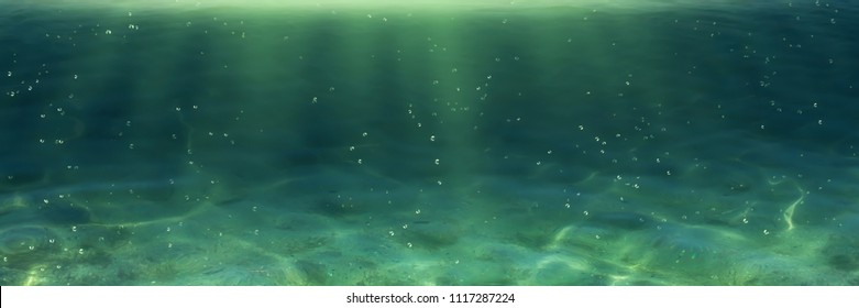 sun reflections underwater background, sandy sea floor with bubbles