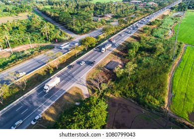 Sun Rise Shade On Main Rural Road Green Tree With Car Movement, Transport Concept