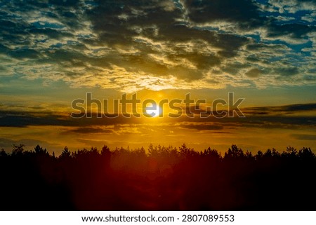The sun rises behind a dark forest. The horizon is silhouetted by trees at sunrise.