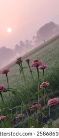 The sun rises behind the trees ranges above the Paddy field and infront of beautiful flowers.