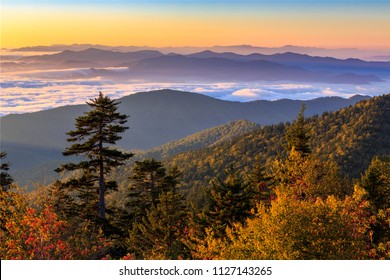 The sun rises over the Smoky Mountains at Clingman's Dome in Great Smoky Mountains National Park, Tennessee