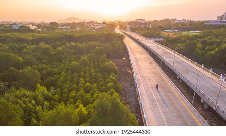 The Sun Rises Over Thepsrisin Bridge. Thepsrisin Bridge Is A Shortcut To Connect The City From Saphan Hin Intersection With Sakdidet Intersection In Order To Reduce The Bad Traffic Congestion.
