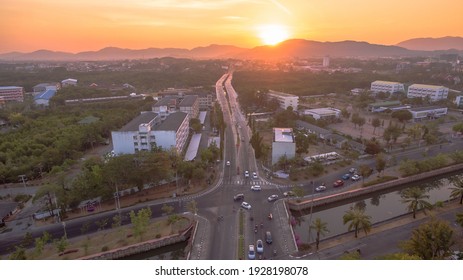 The Sun Rises Over Thepsrisin Bridge. Thepsrisin Bridge Is A Shortcut To Connect The City From Saphan Hin Intersection With Sakdidet Intersection In Order To Reduce The Bad Traffic Congestion.