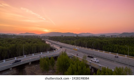 The Sun Rises Over Thepsrisin Bridge. Thepsrisin Bridge Is A Shortcut To Connect The City From Saphan Hin Intersection With Sakdidet Intersection In Order To Reduce The Bad Traffic Congestion.
