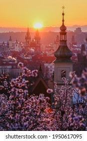 A Sun Rising Above The Prague Cityscape In Spring.