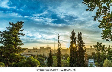 Sun Rising Over Jerusalem And The Tower Of David, View From The Mitchell Park Gardens