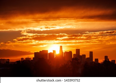 Sun Rising Over Los Angeles City Skyline