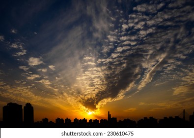 Sun Rising Over Shanghai City Skyline 