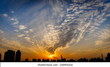 Sun Rising Over Shanghai City Skyline