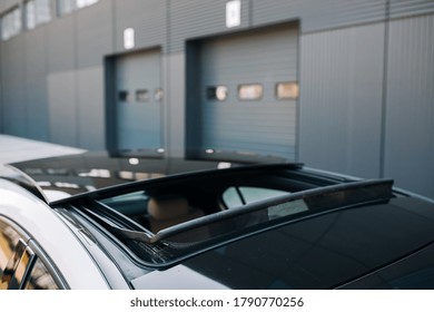 Sun Roof With Sunshade. Panoramic Hatchback Car Roof Is Open. Insect Screen