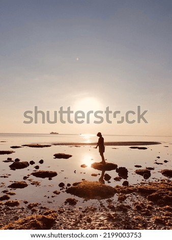 Image, Stock Photo Man with pipe in midnight sun at the fjord