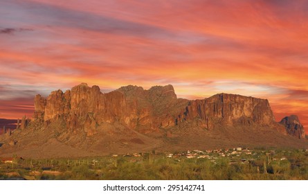 Sun Set Over Mountain In The Desert Phoenix, Arizona, USA