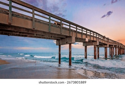 The sun sets behind the St. Johns County Ocean Pier in St. Augustine, Florida.