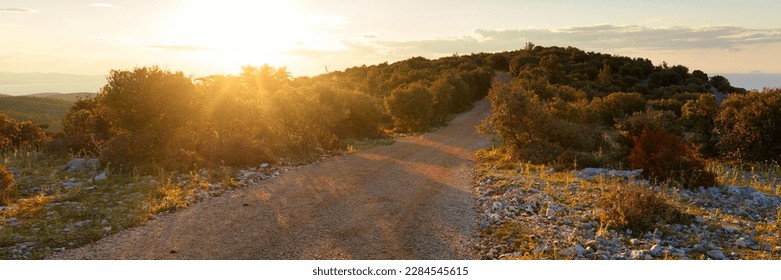 The sun sets over a country road. Mediterranean vegetation - Shutterstock ID 2284545615
