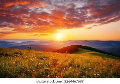 The sun sets over the mountain ranges. Location place Carpathian mountains, Ukraine, Europe. Perfect summertime wallpaper. Image of an magical sunset. Summer vacation. Discover the beauty of earth. - Powered by Shutterstock