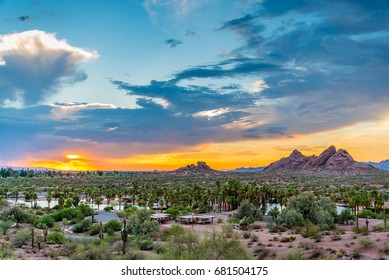 The Sun Sets Over Papago Park In Phoenix, Arizona.