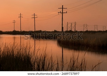 The sun sets over power lines and marshland, Nov. 23, 2010, in Grand Isle, Louisiana.