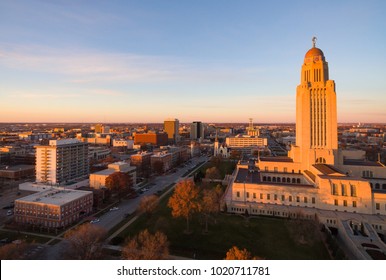 The sun sets over the State Capital Building in Lincoln Nebraska