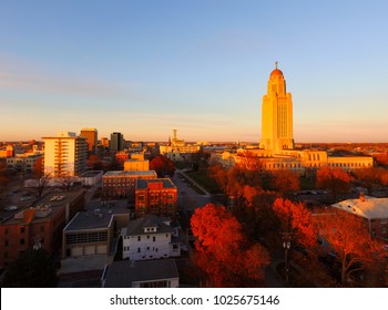 The sun sets over the State Capital Building in Lincoln Nebraska