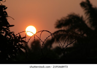 sun setting behind barbed wire