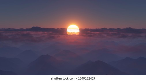 sun setting behind cloud covered mountain tops