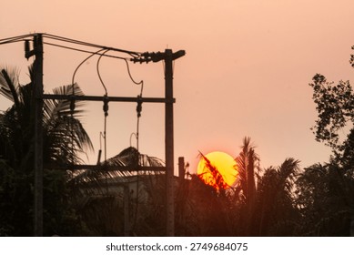 The sun is setting behind palm trees and power lines. The sky glows orange, creating a warm and peaceful evening scene.