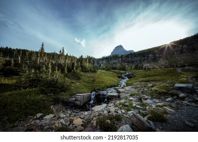 Sun setting over the mountains of Logan Pass in Montana's Glacier National Park, with a rich green forest and meadow with wildflowers surrounding a small waterfall and stream fresh with alpine water