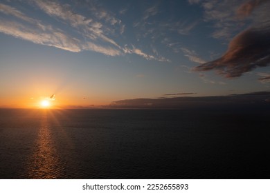  the sun is setting over the ocean with a bird flying in the sky over the water and the sun is setting over the ocean with a bird flying in the sky above the water and the horizon. . 