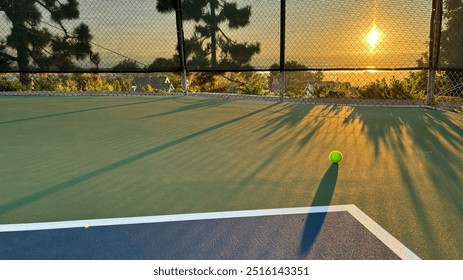 Sun setting over the tennis court. Close up tennis ball on the court - Powered by Shutterstock