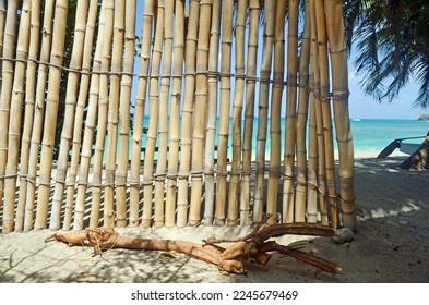 Sun and shade dappled bamboo leaning fence on white sandy beach near orange cactus driftwood, with tropical palms over on shore of aquamarine seas and white boats floating in distance and blue sky. - Powered by Shutterstock