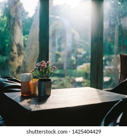 sun shine through window to cafe corner with medium format filmcamera