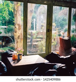 sun shine through window to cafe corner with medium format filmcamera