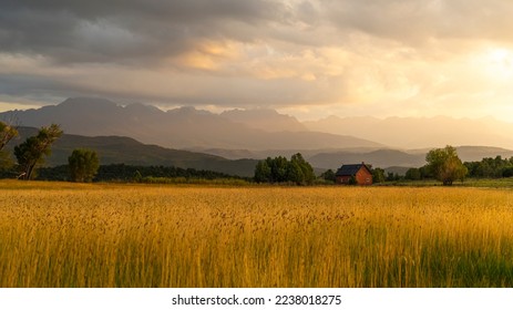 The Sun shines through the clouds after an afternoon rain in the San Juan Mountains, southwestern Colorado. Sunlight falls on the landscape below, lighting up a golden wheat field and a distant barn. - Shutterstock ID 2238018275