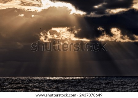 The sun shines through dark clouds creating regions of illumination and shadow, with sea on the background. The sunbeam illusion or crepuscular rays. 