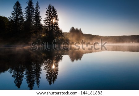The sun shines through pine trees and fog at sunrise, at Spruce Knob Lake, Monongahela National Forest, West Virginia.