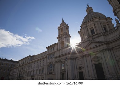 Sun Shining Behind A Church, Church Of SantAgnese In Agone, Piazza Navona, Rome, Lazio, Italy