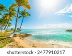Sun shining  over a tropical beach with palm trees and tuquoise water in the Caribbean sea