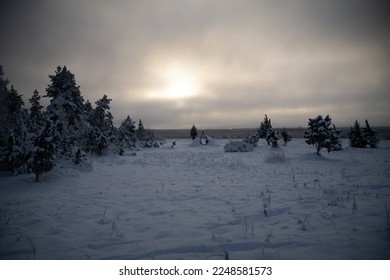  the sun is shining through the clouds over the snow covered ground and trees in the foreground, with a field in the foreground, and a few snow - covered trees in the foreground. . 