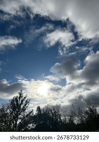 Sun Shining Through Clouds With Pale Blue Sky Over The Top Of Silhouette Trees