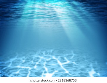 Sun shining through ocean surface, underwater view with sandy bottom