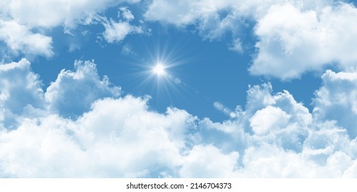 The sun shining through the puffy clouds. 3d ceiling decoration image. Sky bottom up view. Beautiful sunny sky. Stretch ceiling sky model.  - Shutterstock ID 2146704373