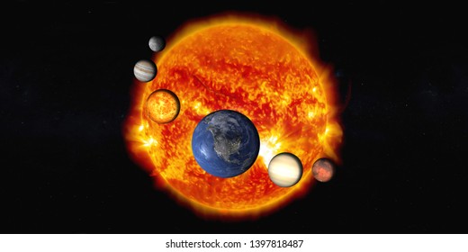 The Sun with Solar system planets in outer space. Planetary system concept. Elements of this image were furnished by NASA.