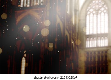 Sun Spells By Window With Bright Of Light And Particles Indoors In Church.