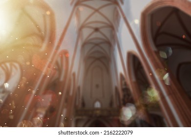 Sun Spells By Window With Bright Of Light And Particles Indoors In Church.