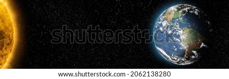 Sun star and planet earth in space front view. Cosmic background.Solar system.Elements of this image furnished by NASA.